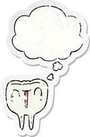 cartoon happy tooth and thought bubble as a distressed worn sticker vector