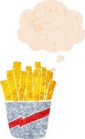 cartoon box of fries and thought bubble in retro textured style vector