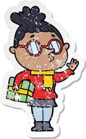 distressed sticker of a cartoon woman wearing glasses vector