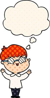 cartoon boy wearing spectacles and thought bubble in comic book style