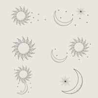 Sun and moon line art clipart. Outline sun logo, moon tattoo. vector
