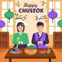 Korean People in Traditional Clothes Celebrating Chuseok vector