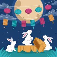 festival del medio otoño con conejos y pasteles de luna vector