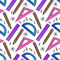 Vector seamless pattern with school supplies, rulers, eraser, pencils. A template with school attributes. Vector illustration.Ideal for children's posters, packaging, textiles, web design, postcards.