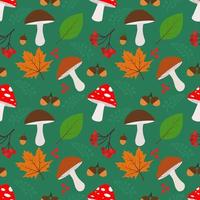 Seamless pattern with autumn elements acorns, autumn leaves, mushrooms. A bright, repetitive texture for the autumn season. Design of postcards, prints made of wrapping paper, packaging, books. vector