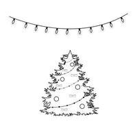 Black and white line christmas tree illustration. vector