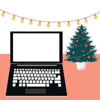 New Year or Christmas. Computer, space for text.Christmas decorations and decorations. vector