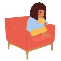 A little girl sits on an armchair and is sad.Vector flat illustration. vector