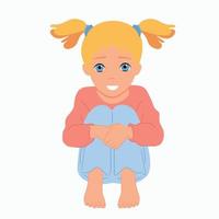 Little girl is sitting. hugging her knees. Smile and good mood. vector