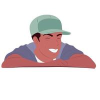 Laughing man in a cap with a tablet. Place for text. Color flat vector