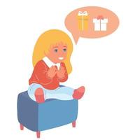 A little girl sits on an armchair and dreams of gifts for the holiday. vector