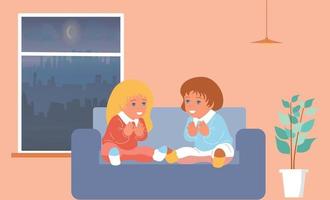 Two girls are sitting on a sofa near the window. Smile and good mood. vector