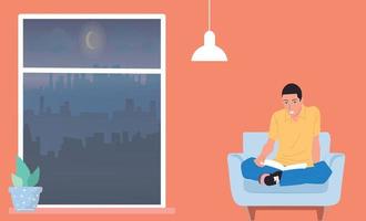 The guy is reading a book at home. Sofa and window, relaxation. vector