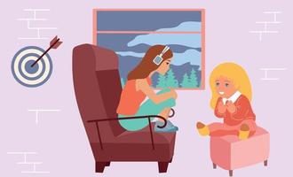 Two girls are sitting on the sofa and talking in the room. vector
