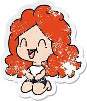 distressed sticker cartoon cute kawaii happy girl vector