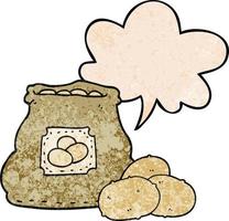 cartoon bag of potatoes and speech bubble in retro texture style vector