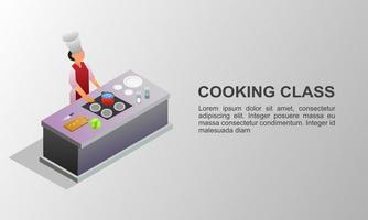 cooking class isometric illustration with vegetables and kitchen set vector