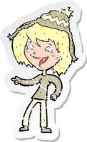 retro distressed sticker of a cartoon woman wearing hat vector