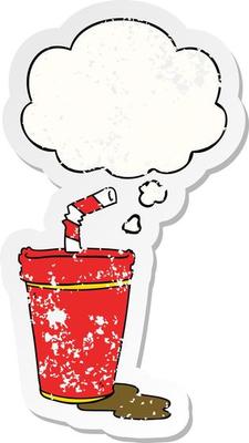 cartoon soda cup and thought bubble as a distressed worn sticker