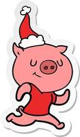 happy sticker cartoon of a pig running wearing santa hat vector