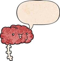 happy cartoon brain and speech bubble in retro texture style vector