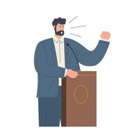 Confident man speaker speaking behind podium. Public speech concept vector