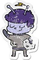 distressed sticker of a friendly cartoon spaceman holding meteor vector