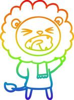 rainbow gradient line drawing cartoon lion in winter clothes vector