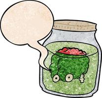 cartoon spooky brain floating in jar and speech bubble in retro texture style vector