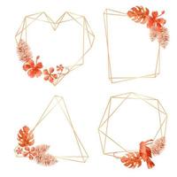 Floral set of golden geometric frames with burnt orange watercolor tropical palm leaves. Botanical vector illustration for invitation card and decor