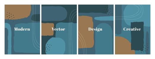 Set of stylish templates with organic abstract shapes and line in dark blue colors. Modern background in minimalist style. Contemporary vector Illustration