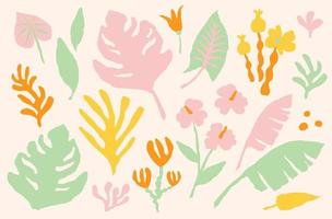 Botanical set of tropical leaves and flower in pastel. Contemporary collection of hand drawn jungle plants palm leaf, banana leaf, hibiscus. Vector illustration