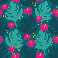 Tropical seamless pattern with monstera palm leaves and hibiscus flowers. Contemporary background in Scandinavian style. Hand drawn trendy texture for print, design, fabric. Vector illustration