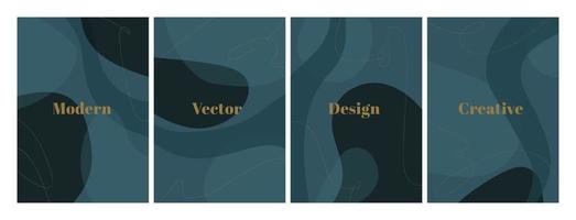 Set of stylish templates with organic abstract shapes and line in dark blue colors. Modern background in minimalist style. Contemporary vector Illustration