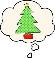 cartoon christmas tree and thought bubble in comic book style vector