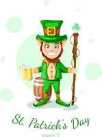 postal feliz st. día de San Patricio. duende alegre y feliz con una jarra de cerveza y un bastón con un trébol en las manos, detrás de un barril vector