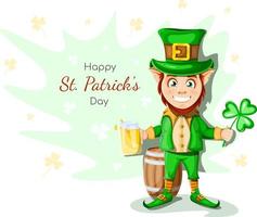 Postcard Happy St. Patrick's Day. A cheerful and happy leprechaun with a mug of beer and a clover in his hands, behind a barrel vector