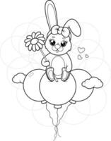 Coloring page. Cute cartoon bunny with a flower is flying on balloons vector