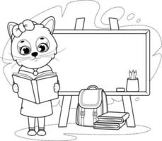 página para colorear lindo gatito con un libro, junta escolar, maletín, lápices y libros vector