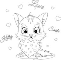 Coloring page. Smile kitten with heart vector