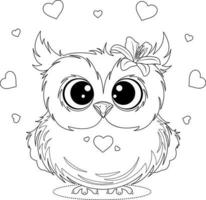 Coloring page. Cute cartoon owl with a flower and hearts vector