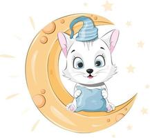 Cartoon cute kitten sitting on the moon. Time to sleep vector