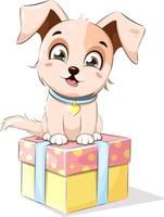 un cachorro lindo y alegre se sienta en una caja de regalo vector