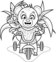 Coloring page. A cute and cheerful Teddy Bear rides a tricycle with a large bouquet of flowers vector