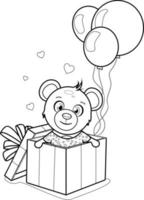 página para colorear oso alegre en una caja de regalo con globos vector