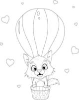 Coloring page. Cute cartoon fox is flying in a hot air balloon vector