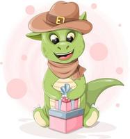 lindo dinosaurio de dibujos animados con regalos vector