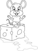 Coloring page. Cheerful and cute little mouse with cheese vector