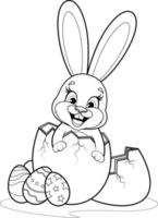 Coloring page. Cute rabbit sits in an egg with easter eggs vector