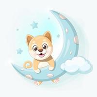 pequeño perro shiba inu aferrándose a la luna en el cielo vector